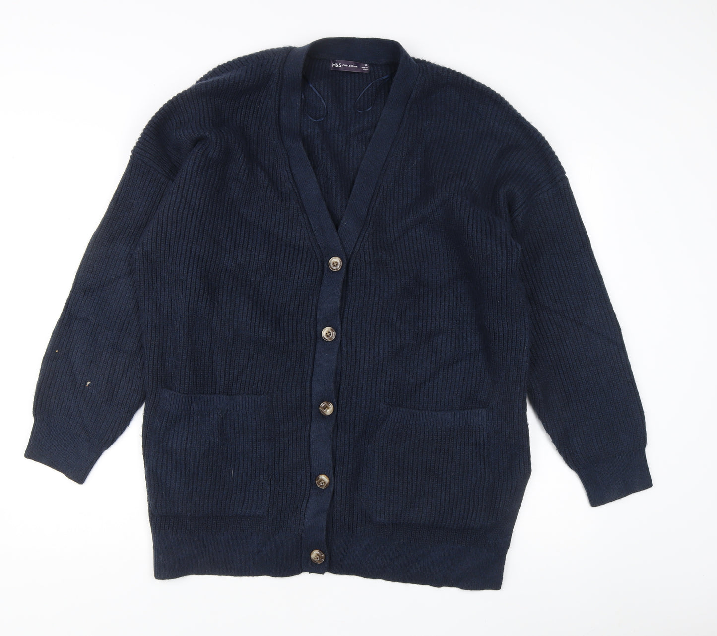 Marks and Spencer Men's Blue XL Ribbed Knit Cardigan with Pockets