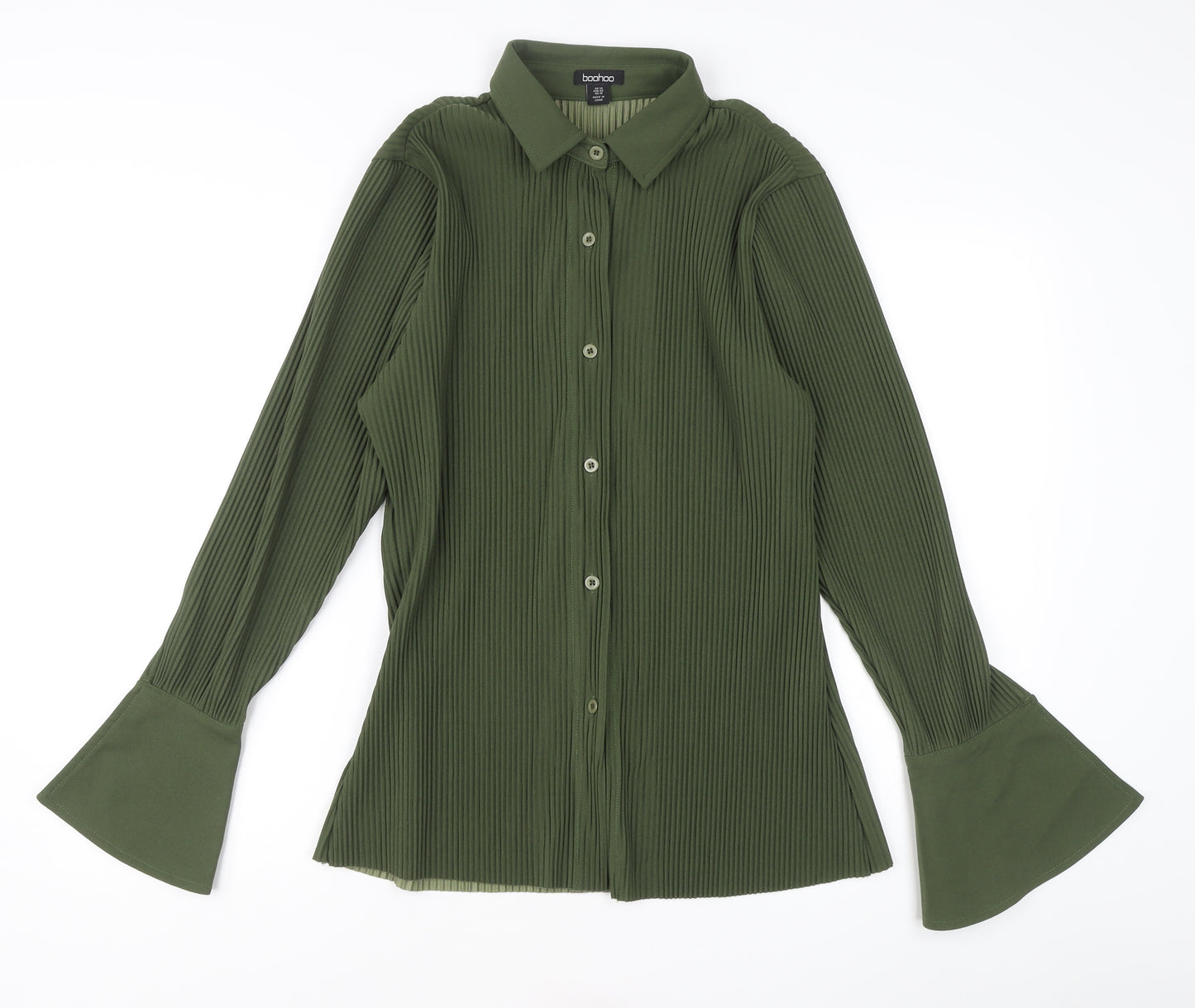 Boohoo Womens Green Size 14 Button-Up Flared Sleeve Shirt
