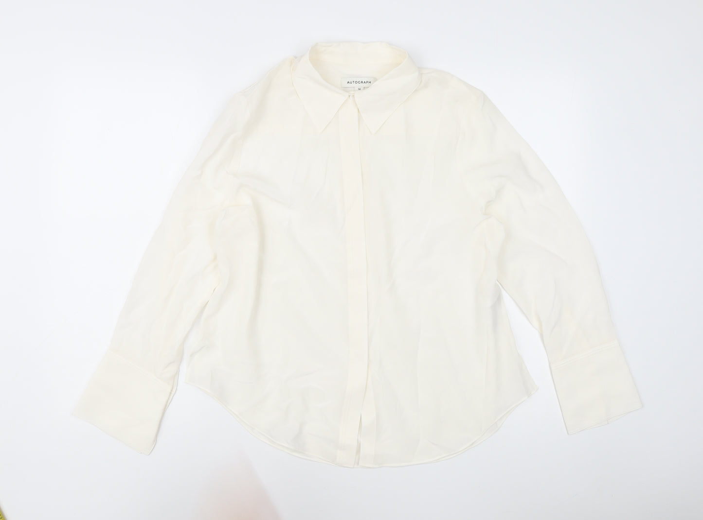 Marks and Spencer Women Ivory Silk Long Sleeve Button-Up Shirt Size 14
