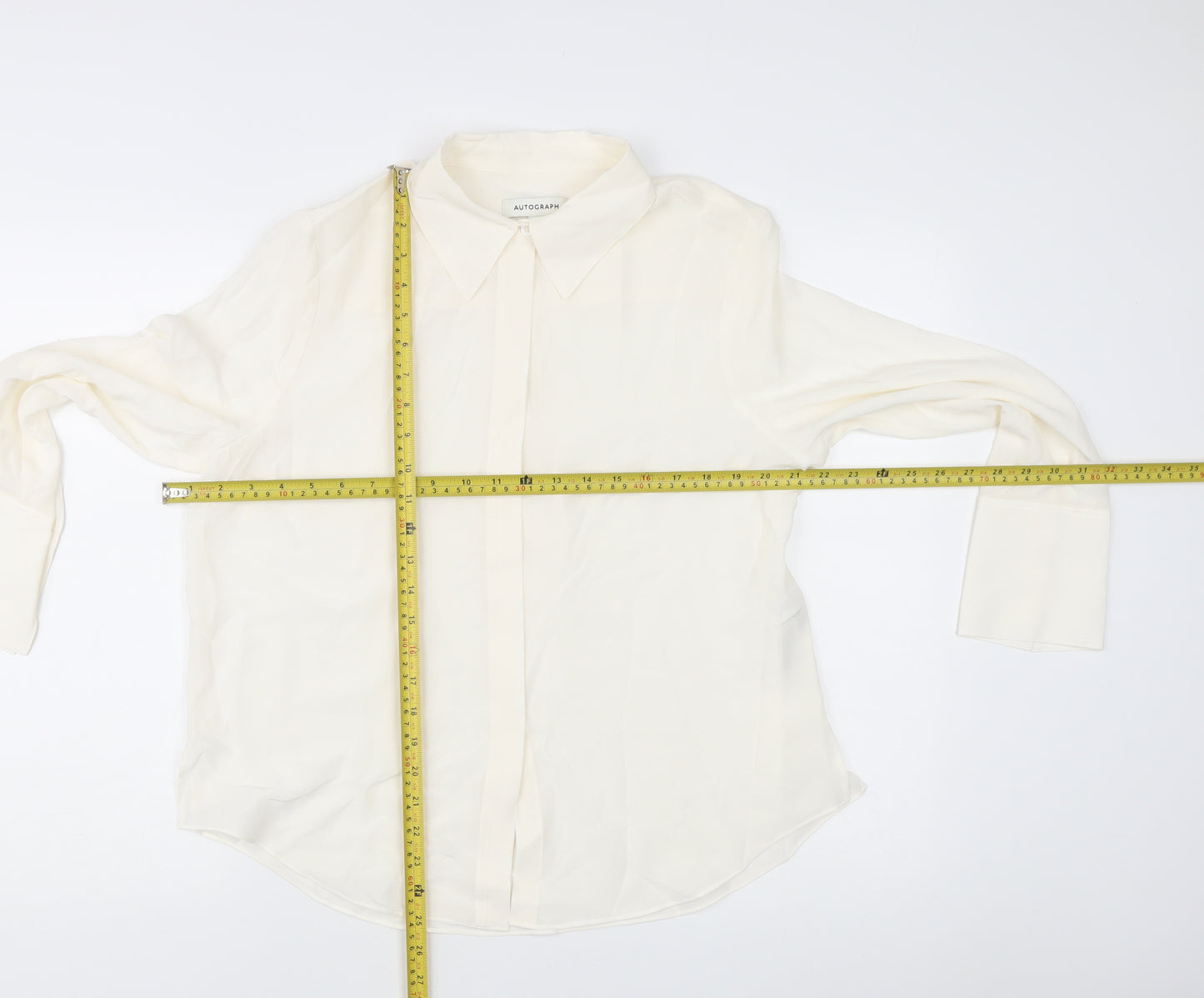 Marks and Spencer Women Ivory Silk Long Sleeve Button-Up Shirt Size 14