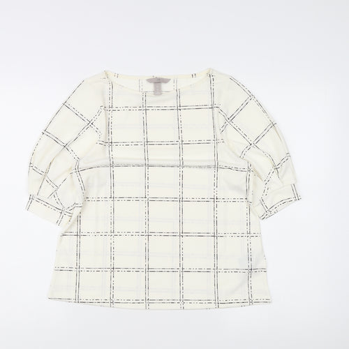 H&M Women's Ivory Check Blouse Small Boat Neck 3/4 Sleeve
