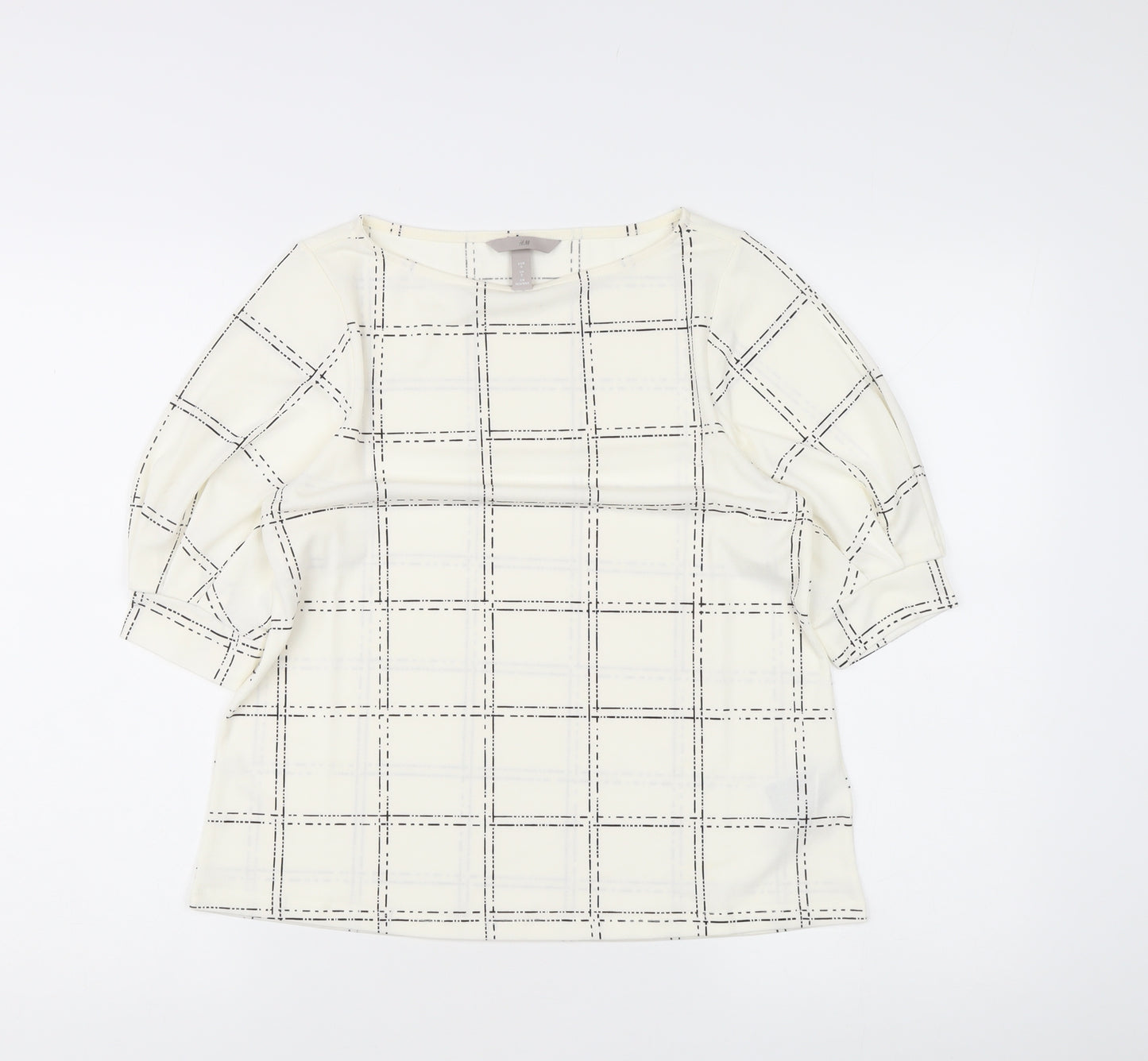 H&M Women's Ivory Check Blouse Small Boat Neck 3/4 Sleeve