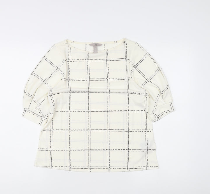 H&M Women's Ivory Check Blouse Small Boat Neck 3/4 Sleeve