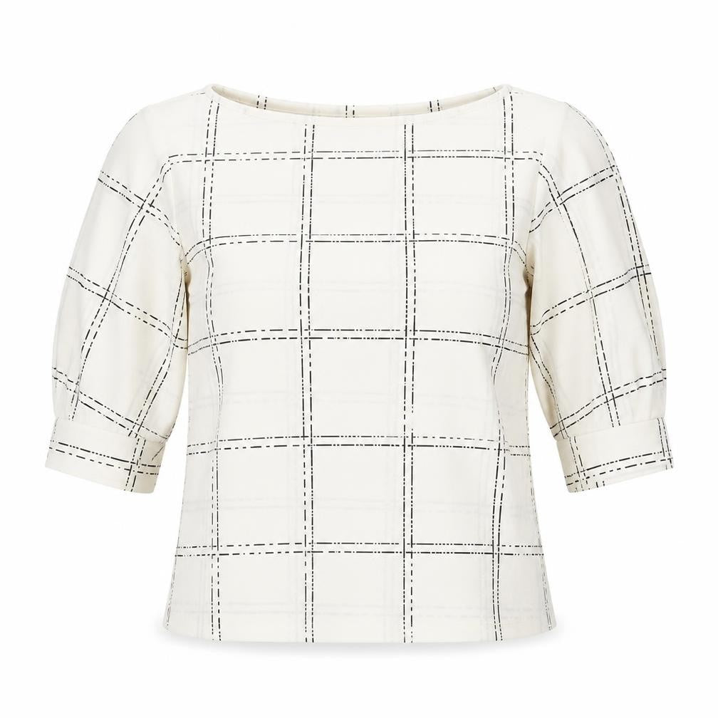 Front view of H&M Women's Ivory Check Blouse Small Boat Neck 3/4 Sleeve