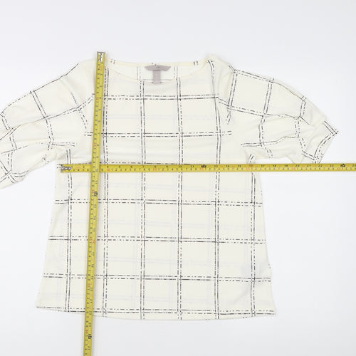 H&M Women's Ivory Check Blouse Small Boat Neck 3/4 Sleeve