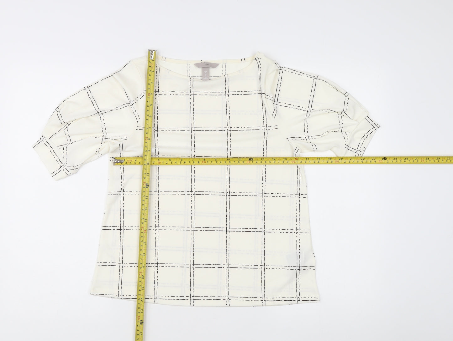 H&M Women's Ivory Check Blouse Small Boat Neck 3/4 Sleeve