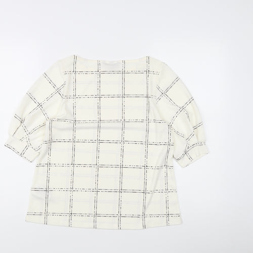 H&M Women's Ivory Check Blouse Small Boat Neck 3/4 Sleeve