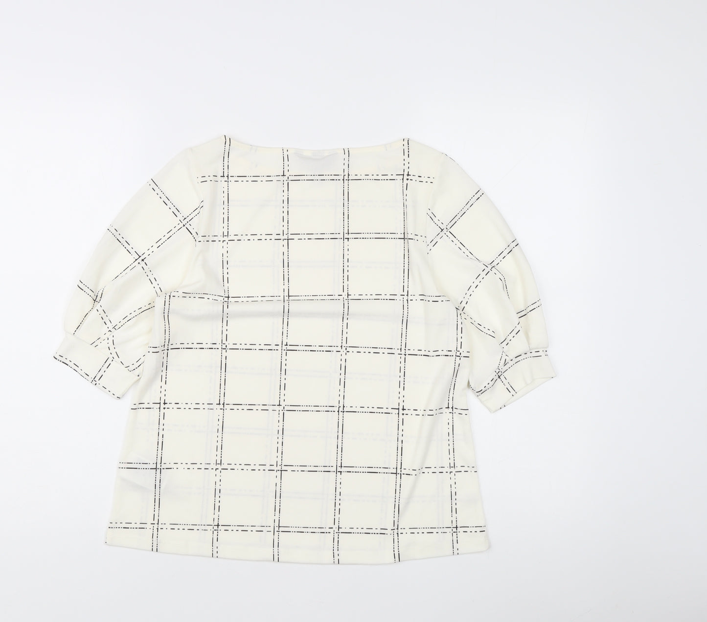 H&M Women's Ivory Check Blouse Small Boat Neck 3/4 Sleeve