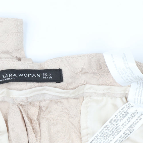 Zara Woman Beige Jacquard Straight Leg Trousers Women L Regular Fit