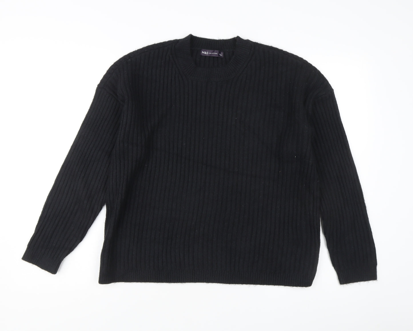 Marks and Spencer Women's Black L Rib-Knit Crew Neck Jumper