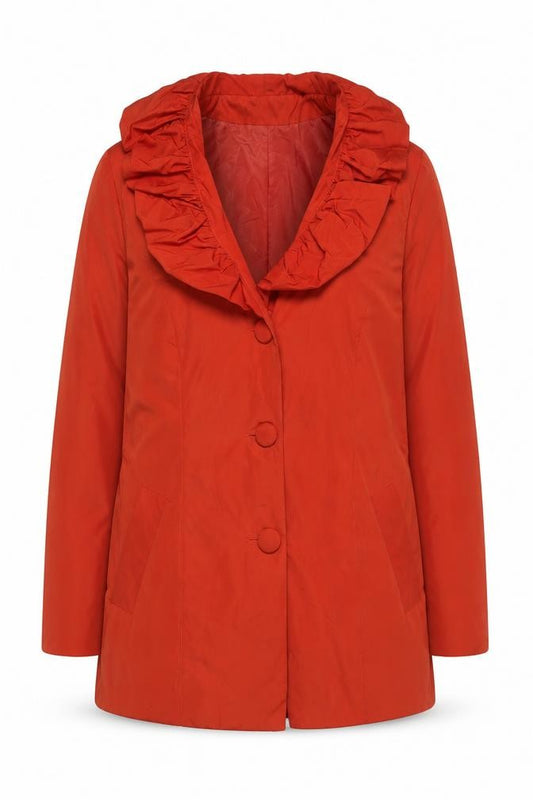 Front view of Lifestyle Women’s Red Ruffle Neck Mid-Length Jacket, size UK 12