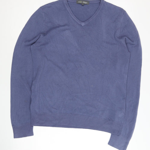 Marks and Spencer Men's Blue M V-Neck Acrylic Pullover Jumper