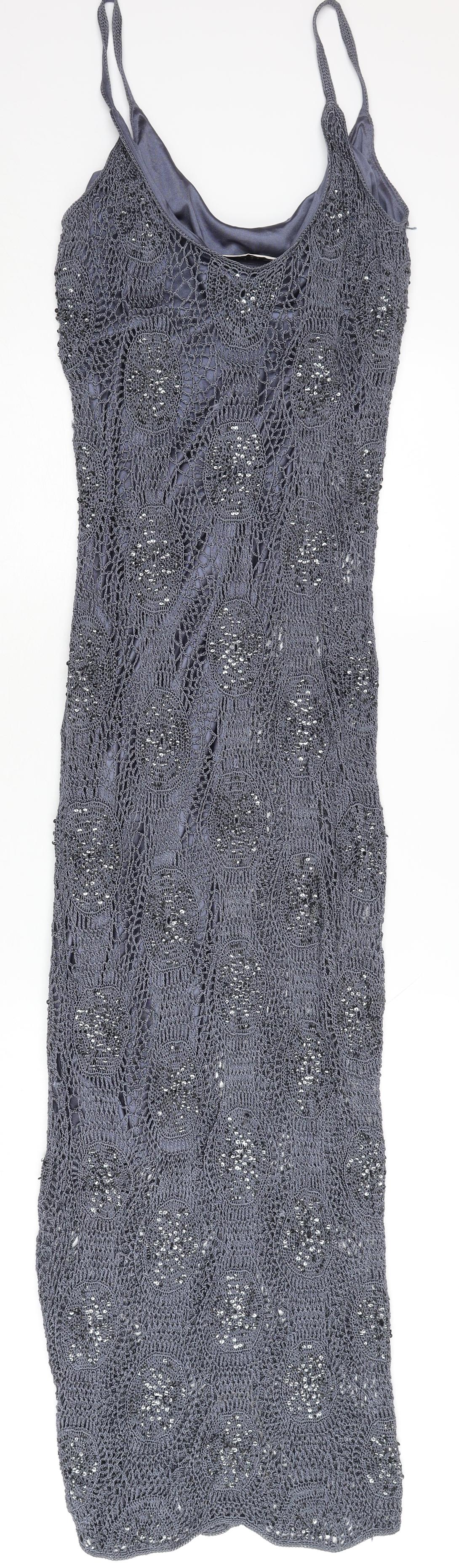 Nougat London Women’s Grey Beaded Crochet Slip Dress Size 12