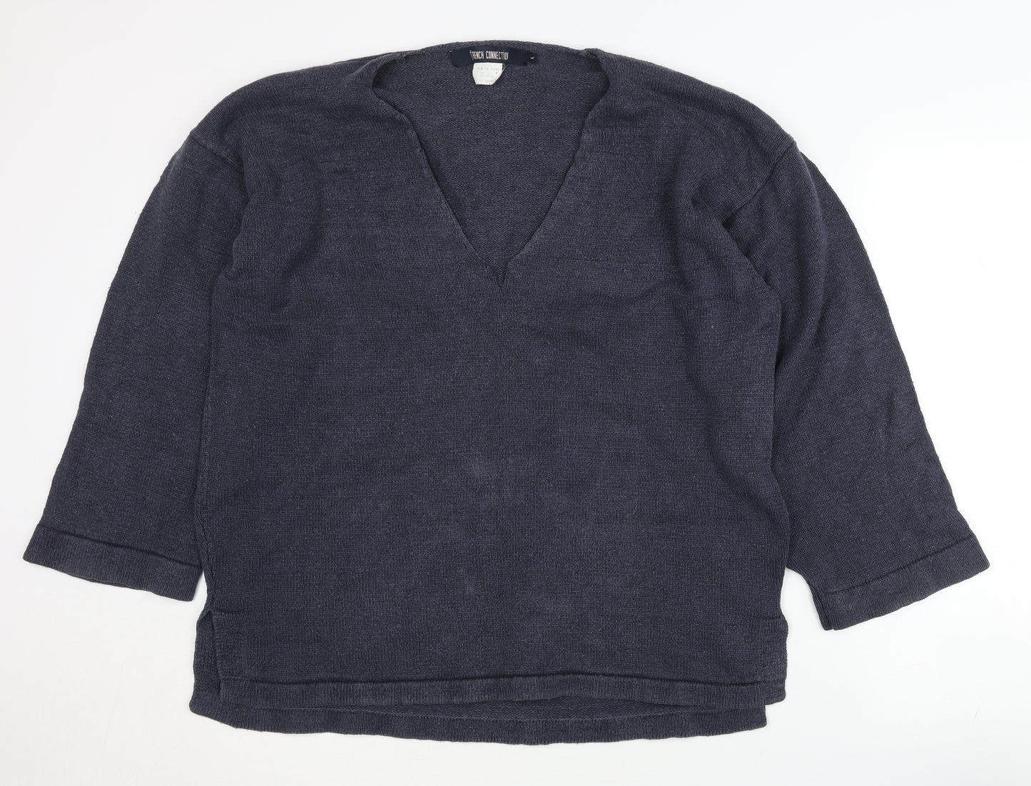 French Connection Women's Blue L Silk Blend V-Neck Jumper