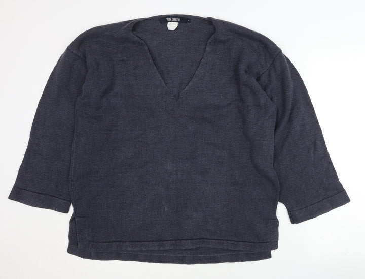 French Connection Women's Blue L Silk Blend V-Neck Jumper