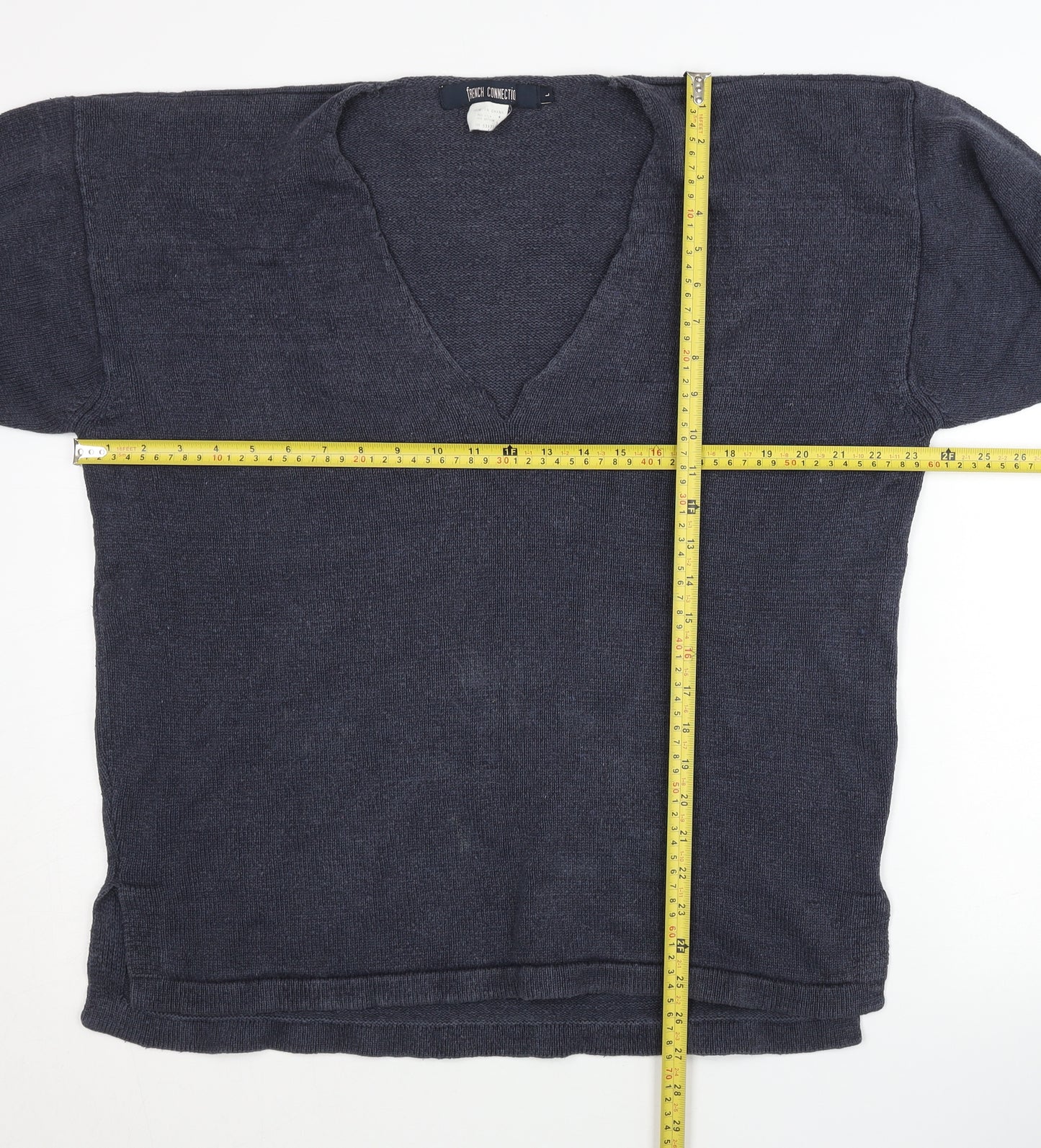 French Connection Women's Blue L Silk Blend V-Neck Jumper