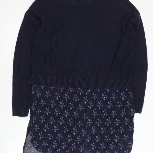 White Stuff Women's Blue Floral Layered Hem Long Sleeve Jumper Size 12