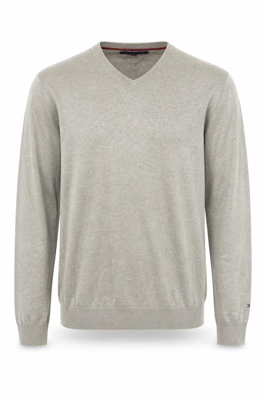 Front view of Tommy Hilfiger Men’s Beige XL V-Neck jumper Cotton Wool Knit