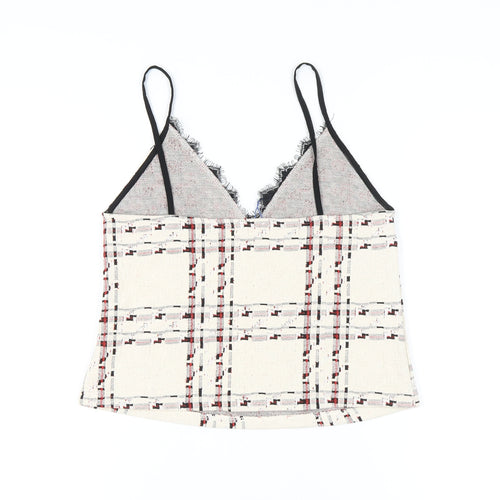 Zara Women Ivory Check Lace Trim Camisole Top Size 12
