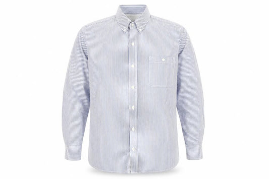 Front view of Easy men’s blue striped cotton long sleeve button-up shirt xl regular fit