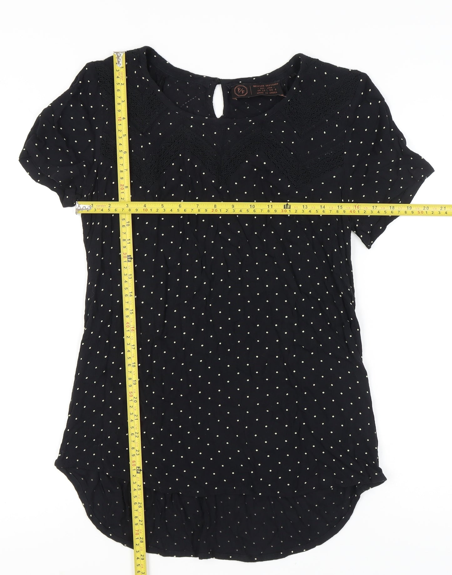 F&F Women’s Black Polka Dot Crochet Trim Tunic Blouse Size 10