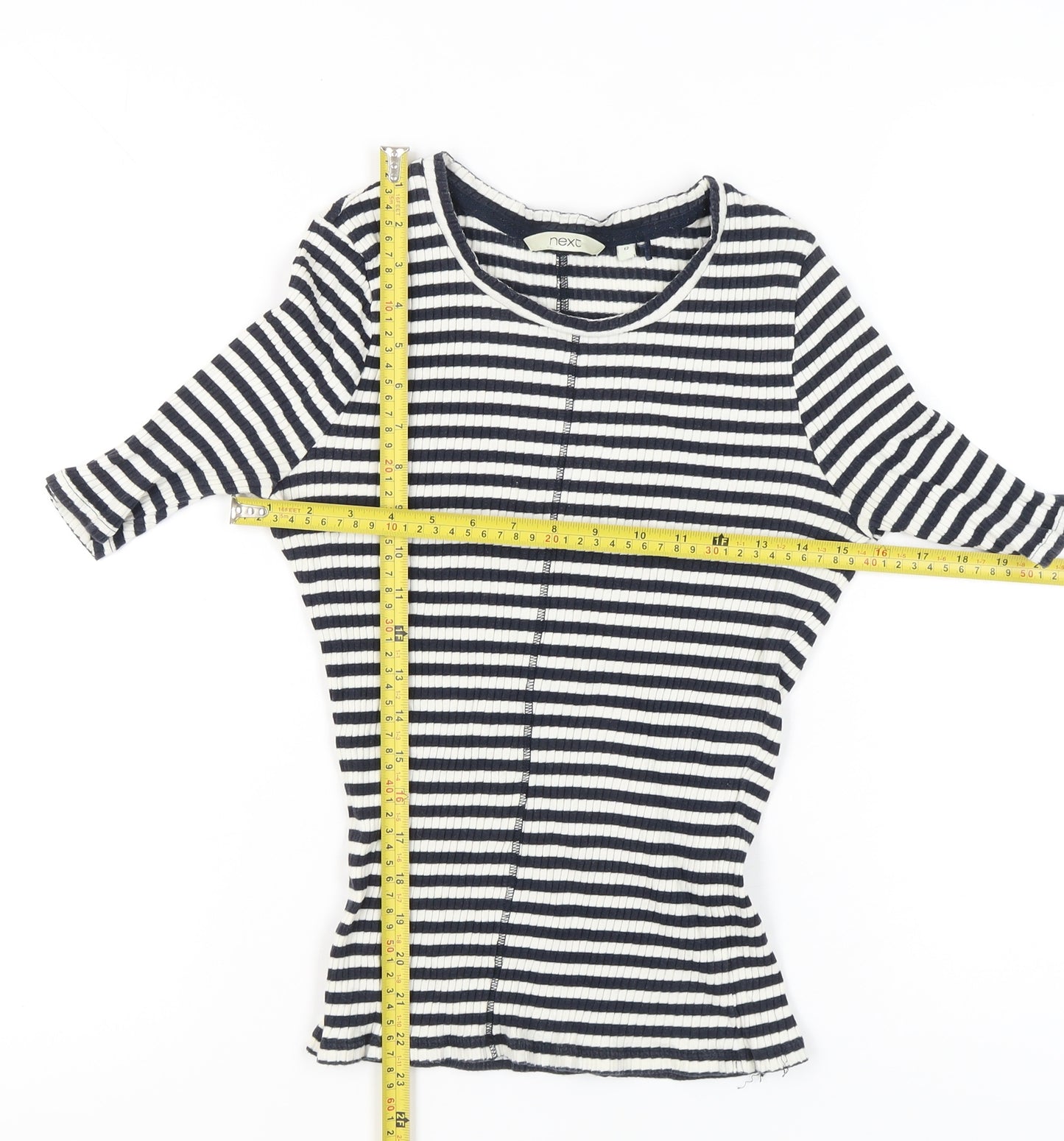 Next Women’s Black Stripe Cotton T-Shirt Size 12 Scoop Neck