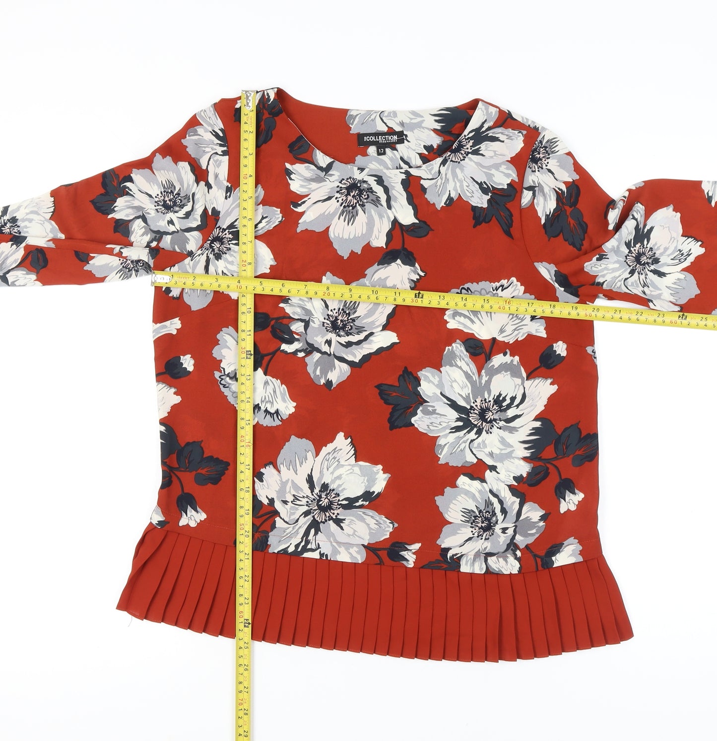 Debenhams Women’s Orange Floral Pleated Hem Tunic Blouse Size 12