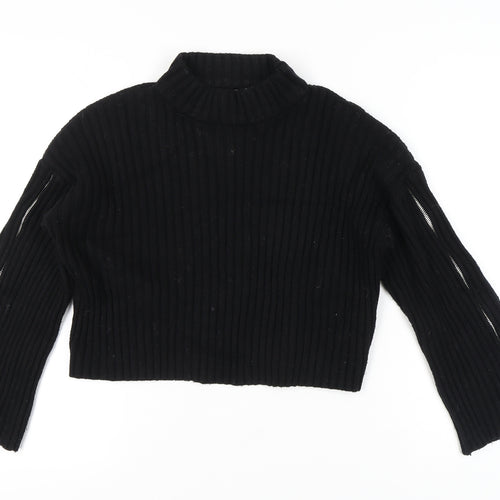 Zara Women’s Black Rib-Knit Mock Neck Pullover Jumper Size 12