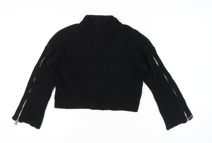 Zara Women’s Black Rib-Knit Mock Neck Pullover Jumper Size 12