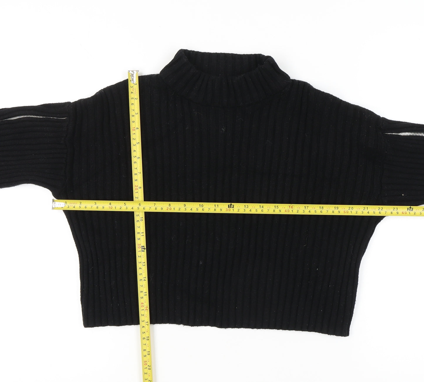 Zara Women’s Black Rib-Knit Mock Neck Pullover Jumper Size 12