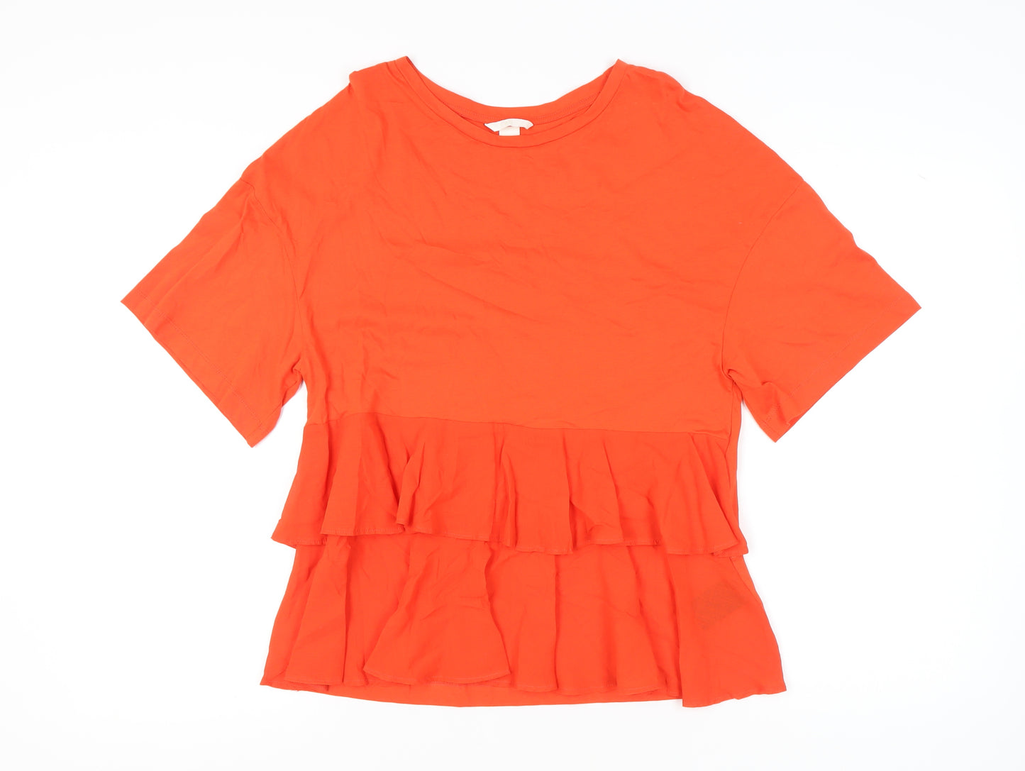 H&M Women’s Orange Ruffle Hem Cotton T-Shirt Size S Short Sleeve