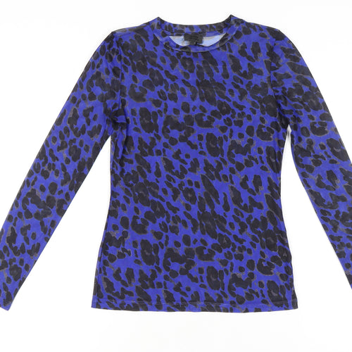 Seven Sisters Women's Blue Leopard Print Mesh Long Sleeve XS