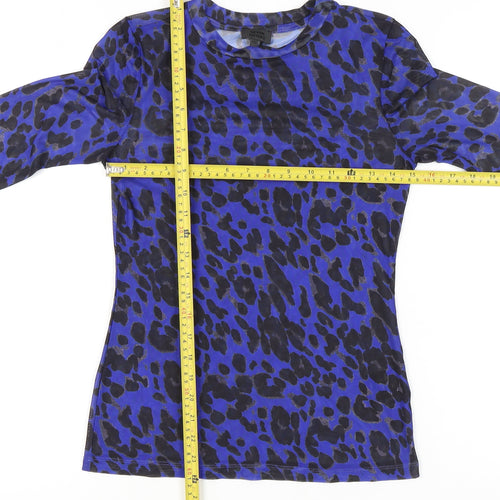 Seven Sisters Women's Blue Leopard Print Mesh Long Sleeve XS