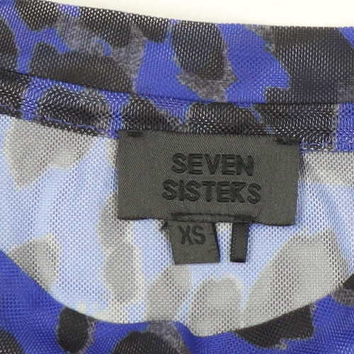 Seven Sisters Women's Blue Leopard Print Mesh Long Sleeve XS