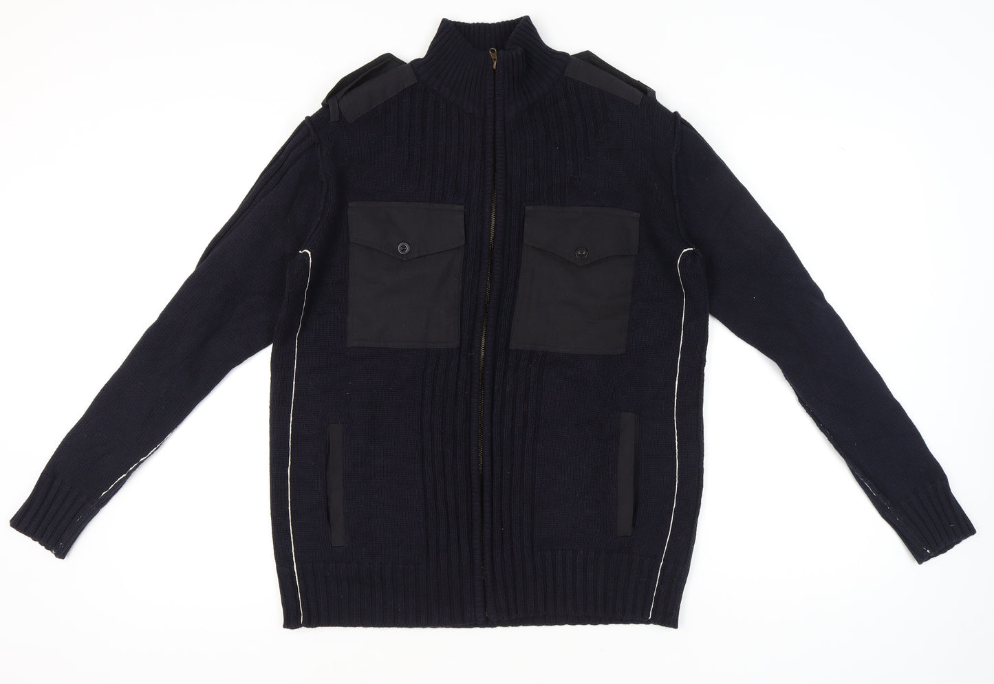 TOD HARVEY Men's Black L Full Zip Cotton Army Style Jumper