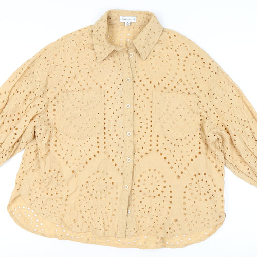 Warehouse Women’s Beige Cotton Embroidered Button-Up Shirt Size 8