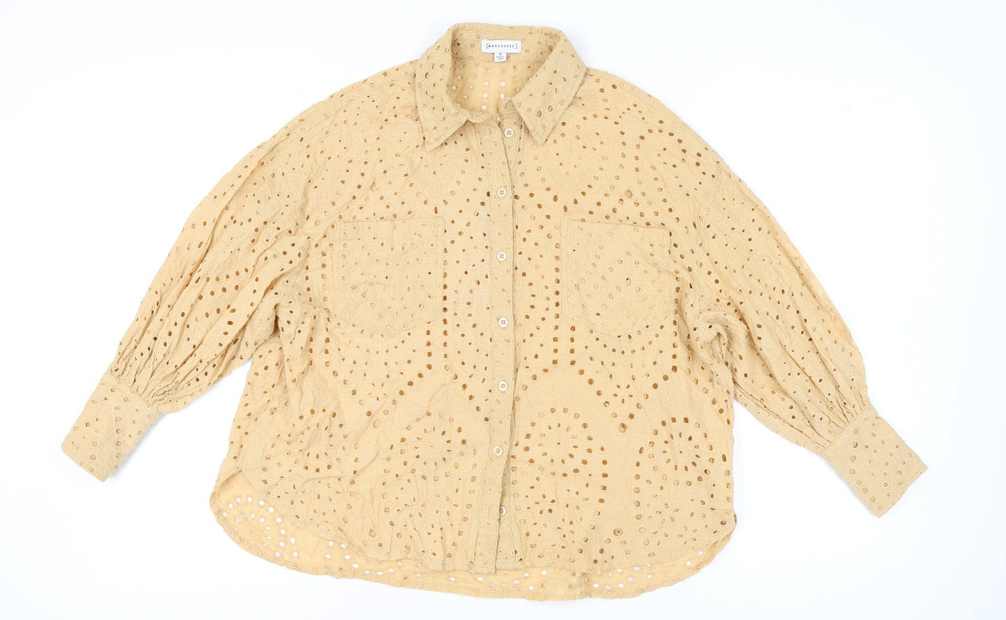 Warehouse Women’s Beige Cotton Embroidered Button-Up Shirt Size 8
