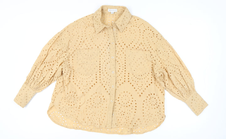Warehouse Women’s Beige Cotton Embroidered Button-Up Shirt Size 8