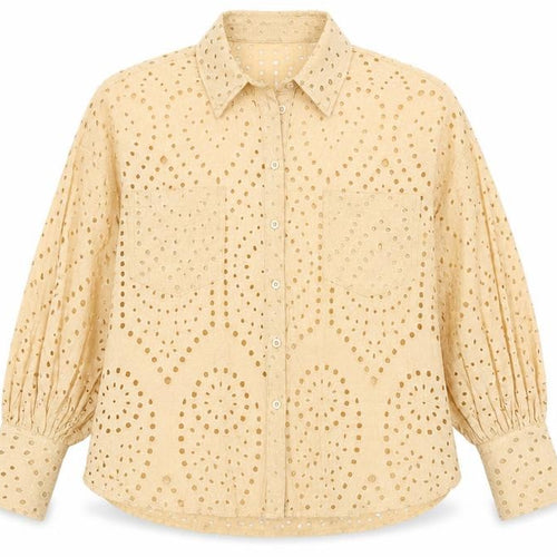 Warehouse Women’s Beige Cotton Embroidered Button-Up Shirt Size 8