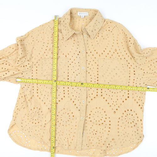 Warehouse Women’s Beige Cotton Embroidered Button-Up Shirt Size 8