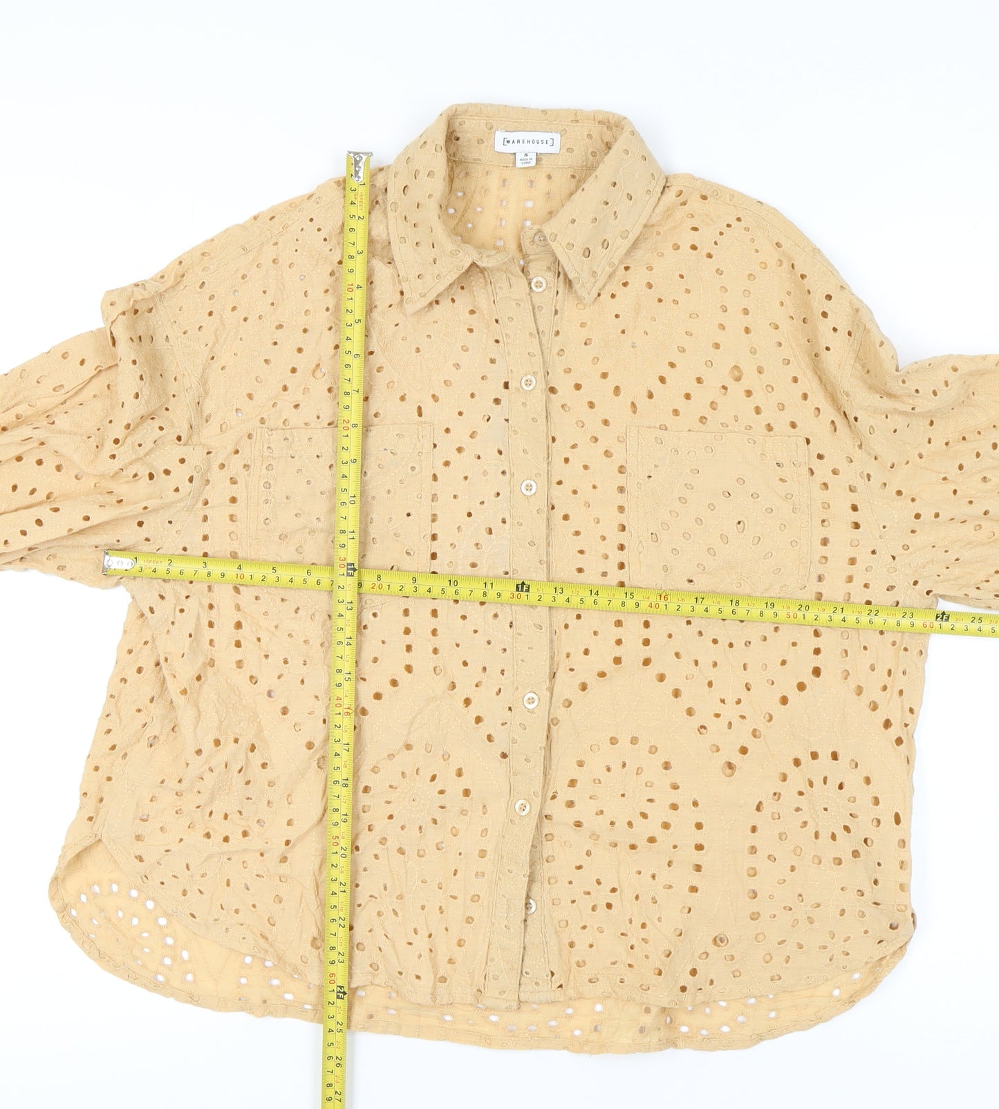 Warehouse Women’s Beige Cotton Embroidered Button-Up Shirt Size 8