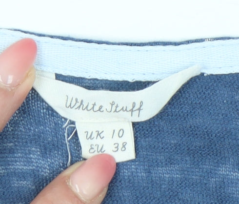 White Stuff Women's Blue Linen V-Neck Cap Sleeve T-Shirt Size 10