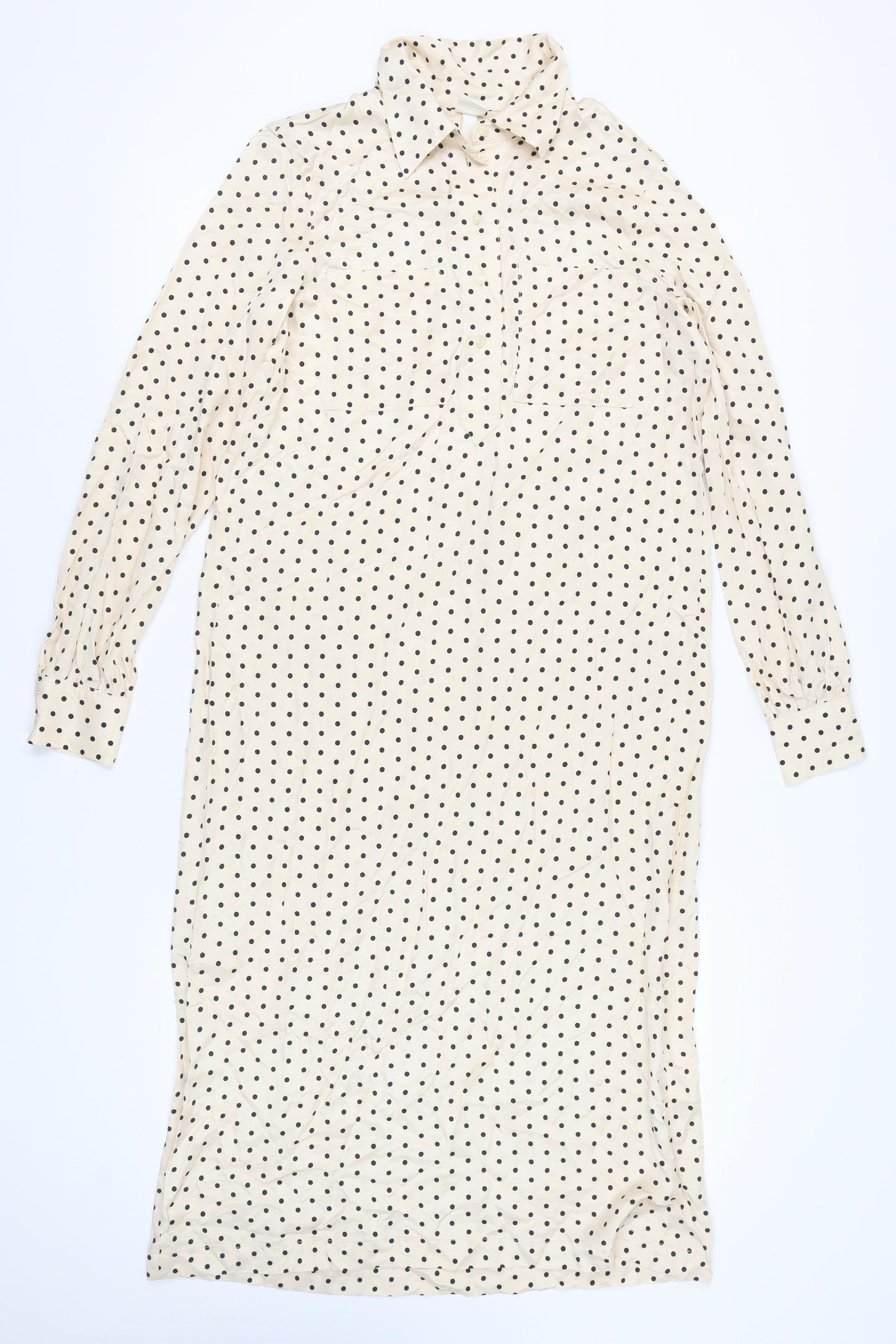 H&M Women’s Beige Polka Dot Collared Long Sleeve Shirt Dress XS