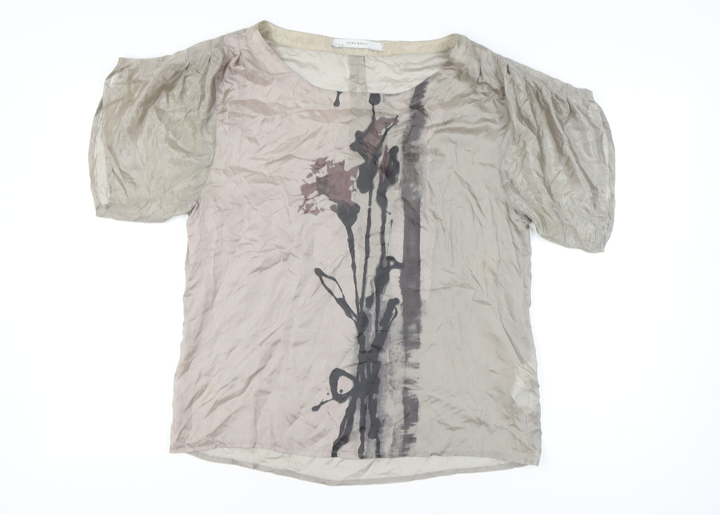 Zara Basic Women’s Beige Silk Puff Sleeve Floral Blouse L