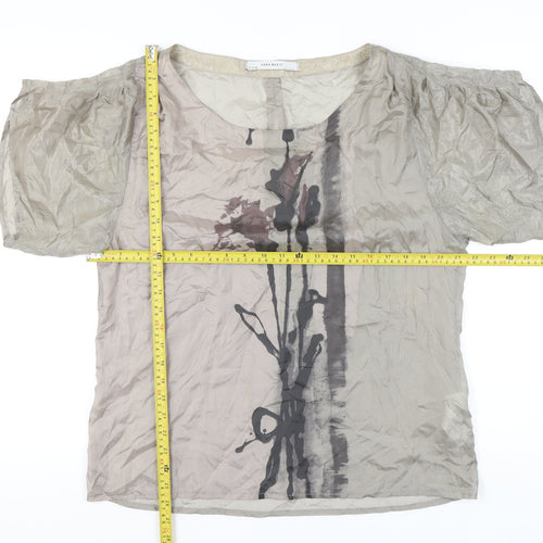 Zara Basic Women’s Beige Silk Puff Sleeve Floral Blouse L