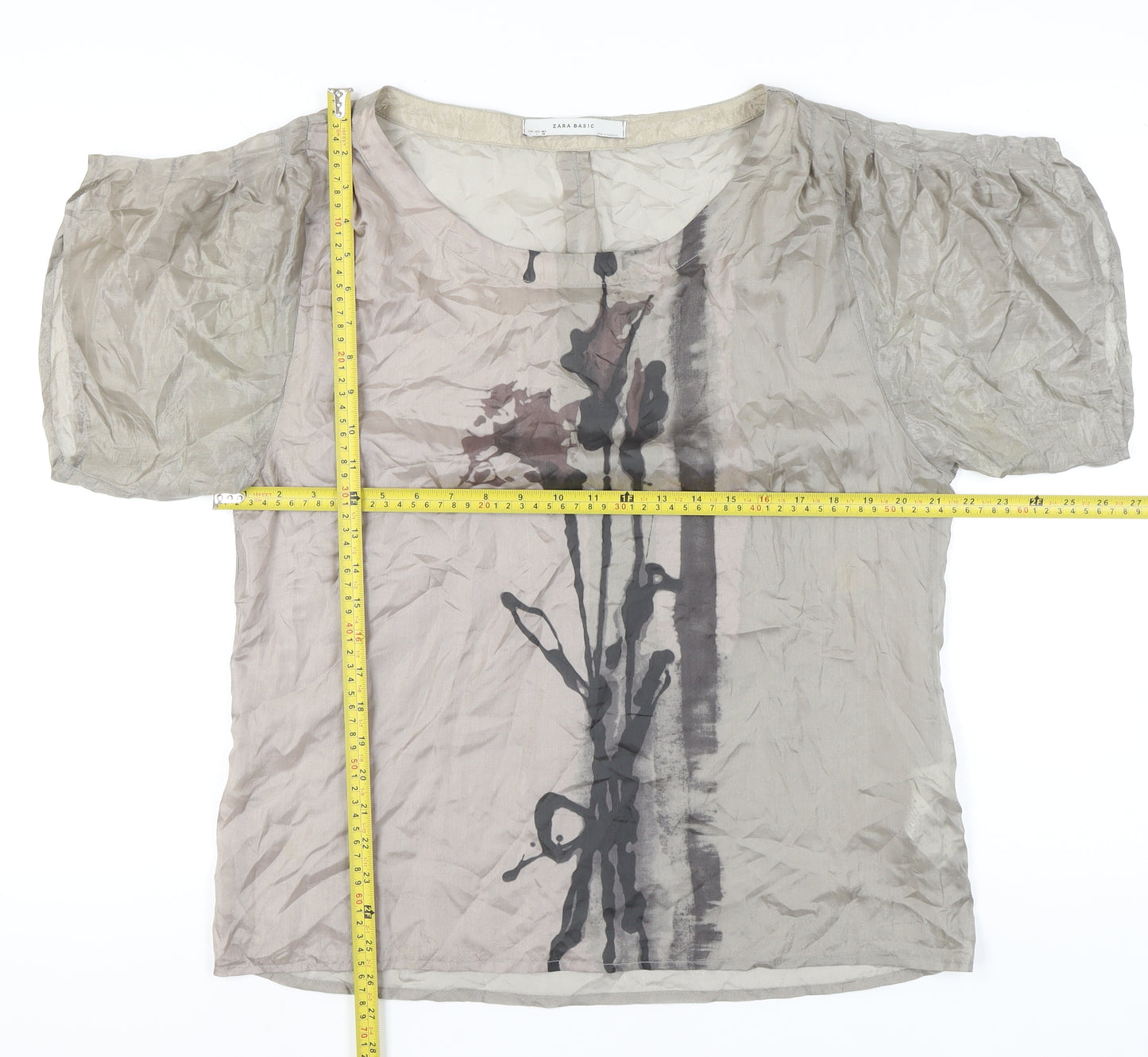 Zara Basic Women’s Beige Silk Puff Sleeve Floral Blouse L