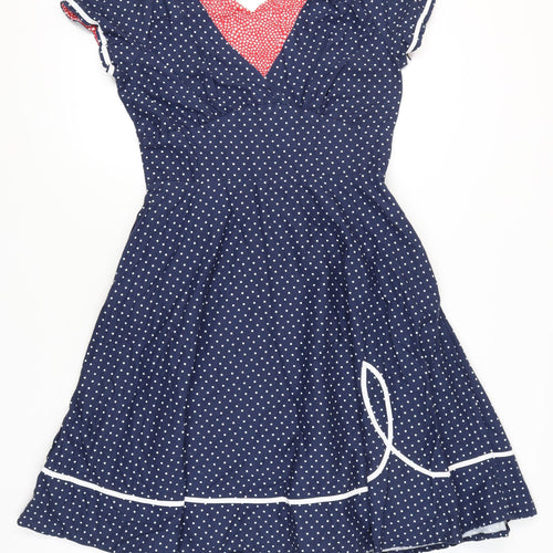 Palava Womens Blue Polka Dot Fit & Flare Dress UK 16 V-Neck Cotton