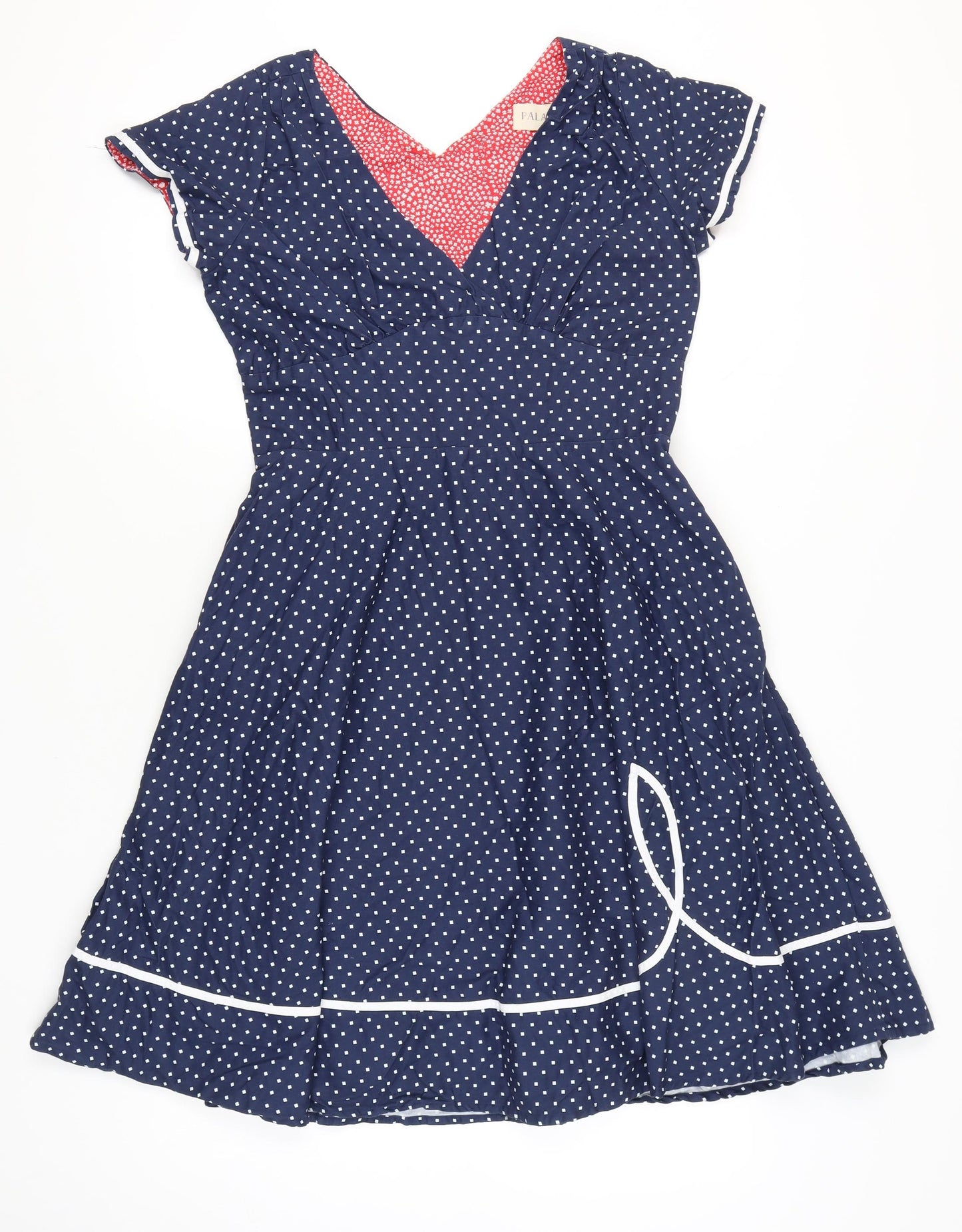 Palava Womens Blue Polka Dot Fit & Flare Dress UK 16 V-Neck Cotton