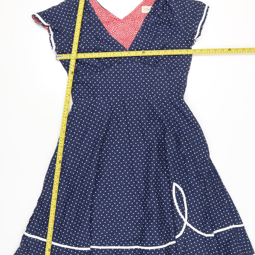 Palava Womens Blue Polka Dot Fit & Flare Dress UK 16 V-Neck Cotton