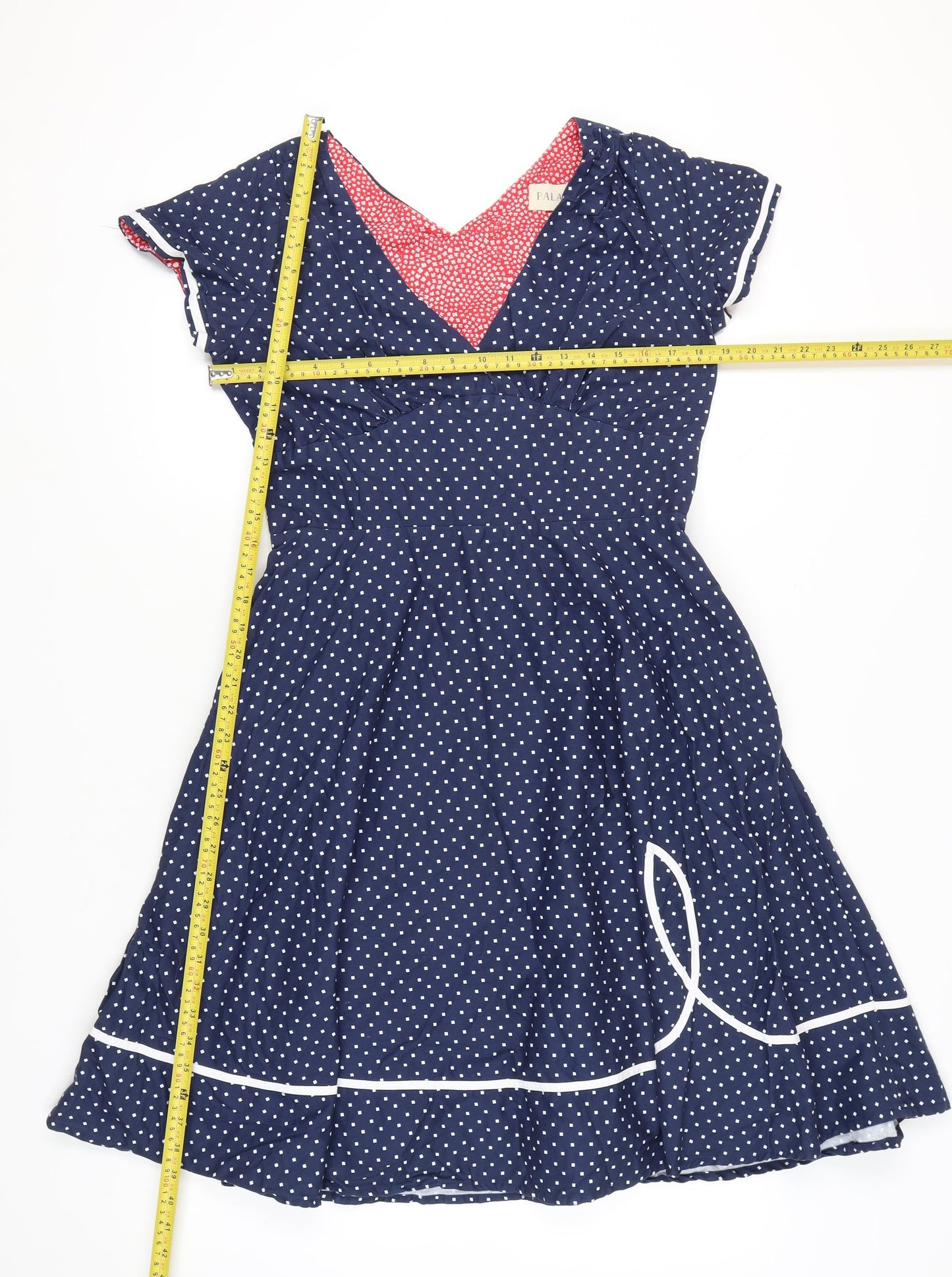 Palava Womens Blue Polka Dot Fit & Flare Dress UK 16 V-Neck Cotton